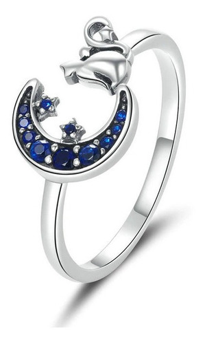 Anillo Gato Y Luna Ajustable Para Mujer En Plata 925