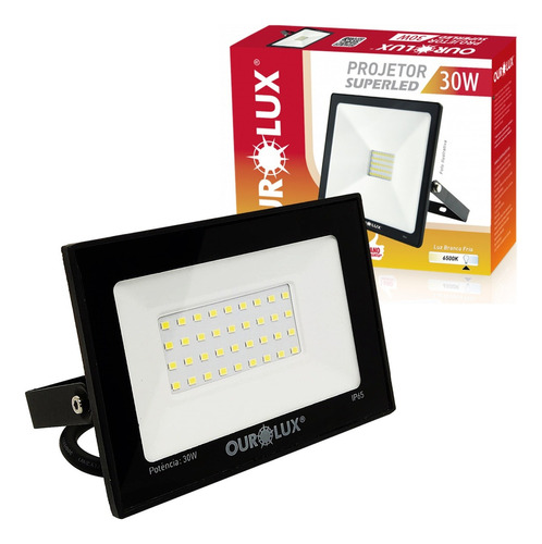 Refletor Led Preto 30w Bivolt Branco Quente 3000k Ourolux