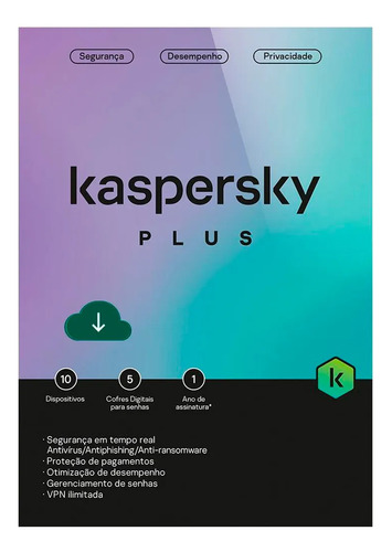 Antivírus Kaspersky Plus 1 Ano - Proteção 10 Dispositivos