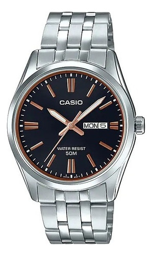 Reloj Casio Hombre Mtp-1335d Calendario Sumergible Color De La Malla Plateado Color Del Bisel Plateado Color Del Fondo Negro 1a2