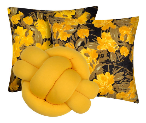 Kit 2 Almofadas Decorativas Cheias Mais Almofada Nó Amarelo