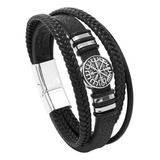 Pulsera Cuero Vikinga Vegvisir Valknut Hombre Mujer Layers Color Negro-vegvisir Diámetro 8 Cm Largo 21 Cm