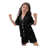 Pijama Infantil Cetim Com Elastano Manga Curta E Short Preto