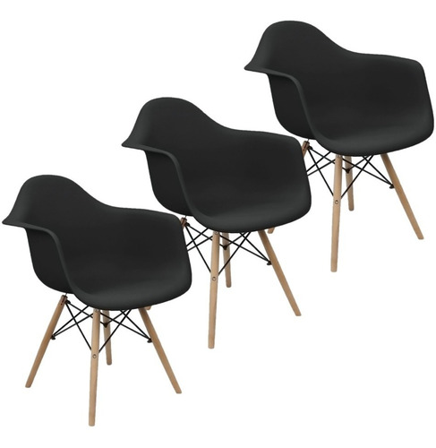 Kit 3 Cadeiras Charles Eames Eiffel Design Wood Com Braços