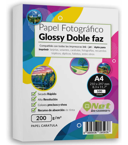 Papel Fotográfico Glossy Doble Faz A4 200gr 100hojas