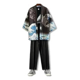 Kimono Yukata Verde Bordado Japonés Para Hombre, 3 Piezas [u