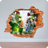 Vinilo Pared Rota 3d Plantas Vs Zombies 