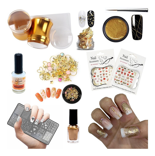 Kit De Stamping Art Nails Decoración Uñas Esmalte Dorado Gel