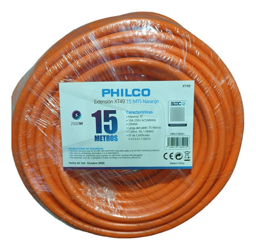 Alargador Extensión 15 Metros Naranjo Marca Philco 