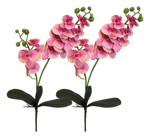 Kit 2 Orquídeas Coloridas Com Folha Realista Flor Artificial