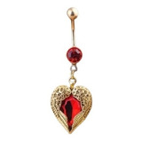 Piercing Umbigo Coração Dourado Vintage Trabalhado Vermelho