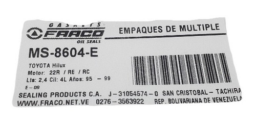 Empacadura Mltiple Escape Hilux 1995 96 97 98 99 Motor 22r Foto 3