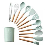 Set X12 Kit Utensilios De Cocina Mango Madera Punta Silicona