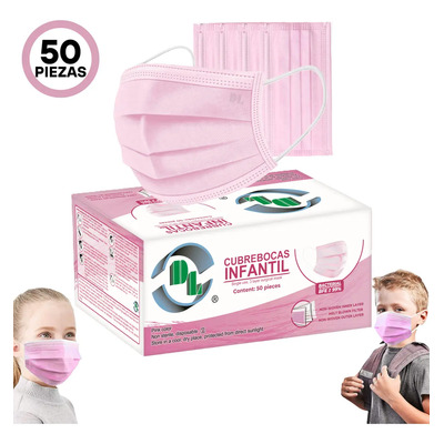Cubreboca Infantil Tricapa Desechable Azul C\u002F50pz Color Rosa claro Diseño de la tela Liso | Meses sin interés