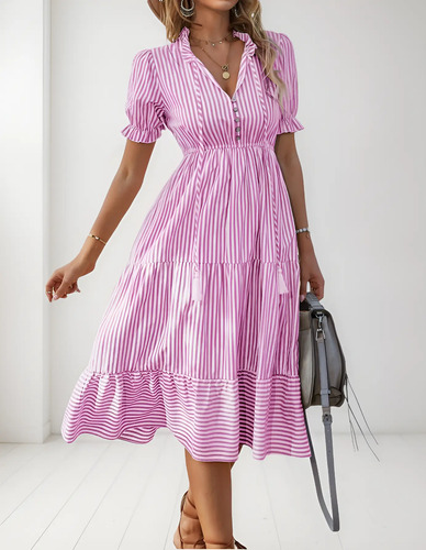 Vestidos Casuales De Verano De Manga Corta A Rayas Para Muje | MercadoLibre