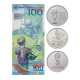 Billete Y 3 Monedas De Rusia 25 Y100 Rublos Del Mundial 2018