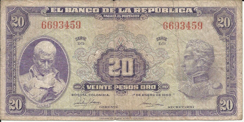 Colombia 20 Pesos Oro 1 Enero 1950