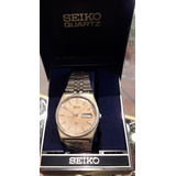 Reloj Seiko Quartz Doble Calendario Funcionando Baño Dorado