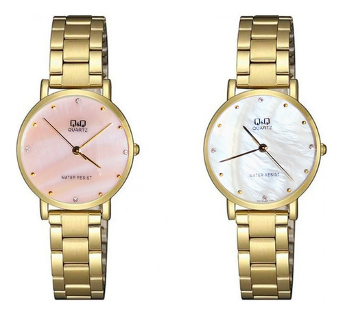 Reloj Q&q Qyq Elegante Glamour Acero Dorado + Estuche Dama