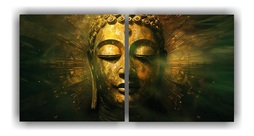 40x20cm Cuadro Abstracto Dorado Y Verde Con Cara De Buda