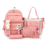 Set 5 Mochila Bolsas Escolar Estudiante Lapicera Tote Lona Color Rosa