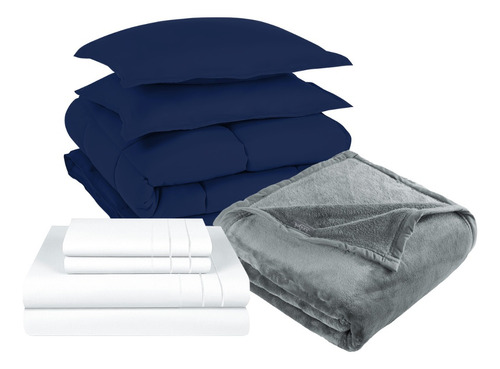 Pack Cobertor Azul+sabana+frazada Gris King 3 Piezas 3angeli