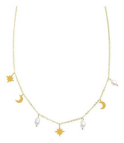 Collar Hermoso Con Perlas, Estrellas Y Lunas