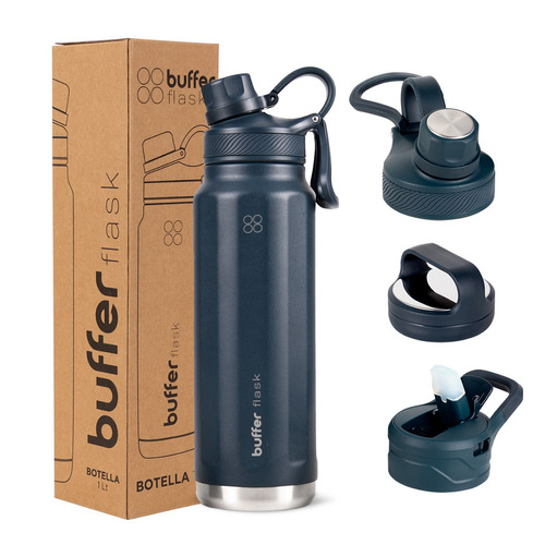 Buffer Paine 1 L Negro Termo Botella Térmica Agua Acero Inoxidable Con Tapas Azul