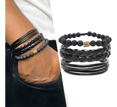 Pulseiras Masculinas Couro Bolinhas Buda Kit C/4