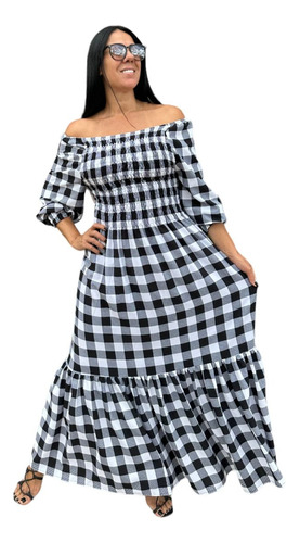 Vestido Longo Feminino Plus Size Ciganinha Manga Curta Flora