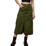 Slit Front Midi Denim Skirt With Pockets, Long Jean Skirt