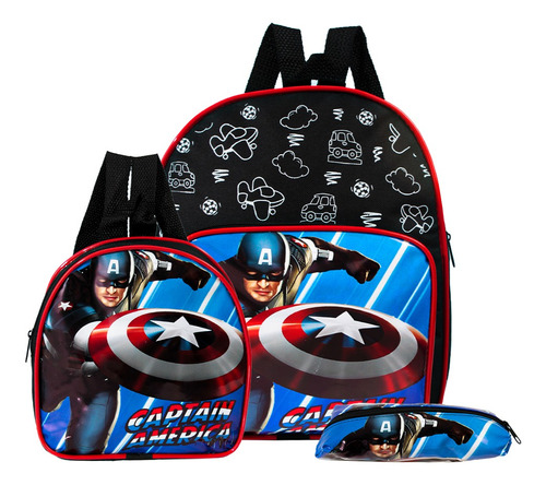 Kit Mochila Escolar Pequena Marvel Capitão América Costas