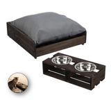 Kit Cama Pet Comedouro Madeira Pote Ração Água Cães Gato