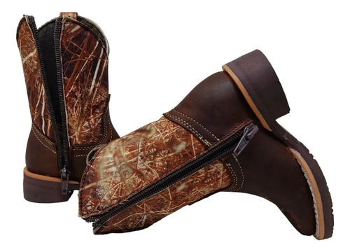Bota Vaquera Piel Crazy Con Cierre Tubo Lona Camuflaje