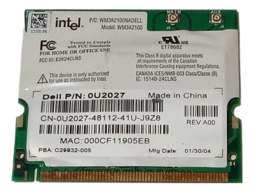 Placa Wifi Intel Wm3a2100 802.11 B/g Para Dell P/n 0u2027