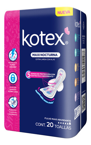 Toallas Femeninas Kotex Maxi Con Alas 20 Toallas