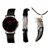 Conjunto Reloj Económico Collar Diente De Lobo Y Pulsera Ala