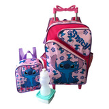 Mochila Lilo & Stitch 3 Bolsos Rosa Rodinha G + Lancheira Oi