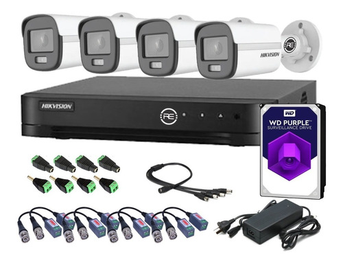 Kit Cctv Dvr Hikvision + 4 Camaras 2mp 24hs Color Vu + Disco