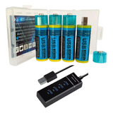 Kit 4 Pilhas Usb Recarregáveis Aa + Carregador Turbo 4 Porta