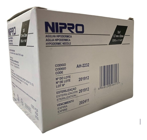Aguja HiPodérmica Nipro Negra 22g X 32mm  Caja Con 100 