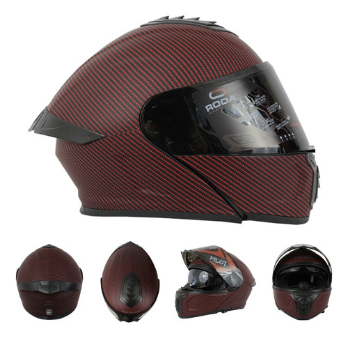 Casco Roda Motociclista Moto Abatible Pilot Carbon Rojo Dot