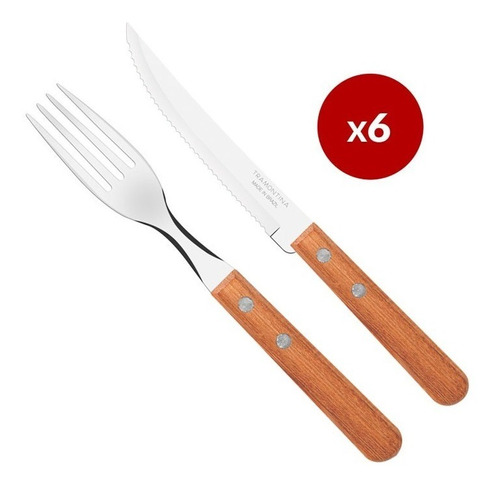 Set X6 Tenedor Mesa Cuchillo Carne Madera Tramontina Dynamic