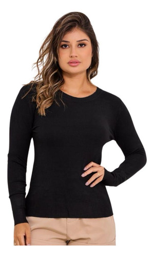 Blusa Feminina Manga Longa Lisa Gola Redonda Moda Slim