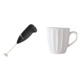 Batidor Espumador Pila + 6 Tazas Altas Blancas Cafe Trendy