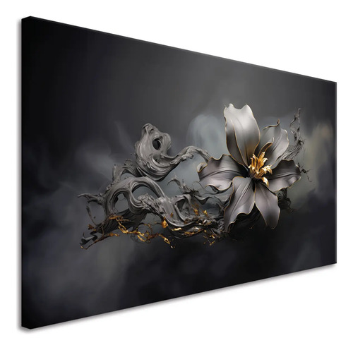 Cuadro Flor Gris Con Dorado Elegante Canvas Sala 60x90 C1