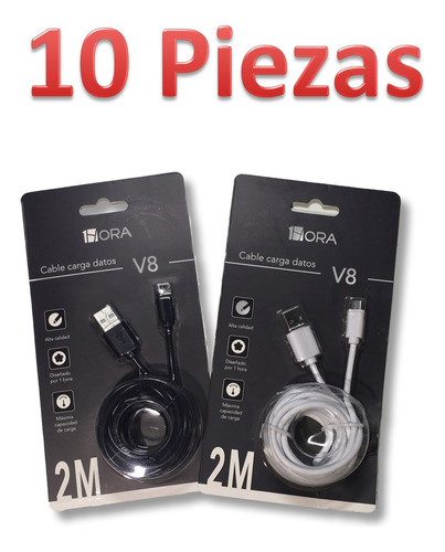Lote 10pz Cable 2mts V8 Microusb Android Datos Carga Rápida
