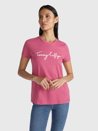 Playera Rosa Con Firma Estampada De Mujer Tommy Hilfiger