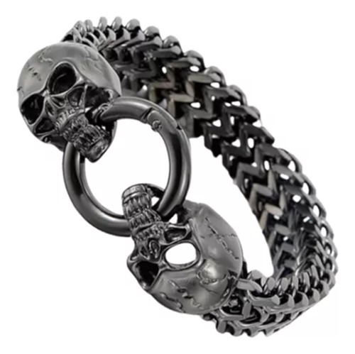 Pulseira Caveira Preta Aço Inox Viking Masculina Lxbr P08m