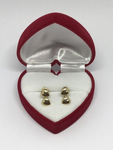 Aros Aretes De Oro 18k Doble Corazón Broche Seguro Delicado